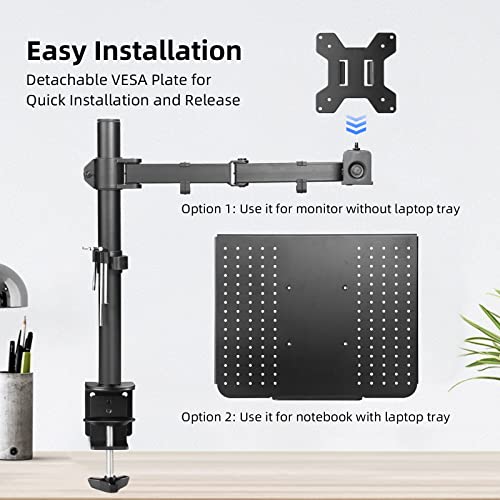 suptek Single Laptop Notebook Desk Mount with Tray for 13-27 inch Computer Screen, Fully Adjustable Laptop Desk Arm for Notebook up to 17’’, Weight up to 15.6 lbs - style: Single laptop mount