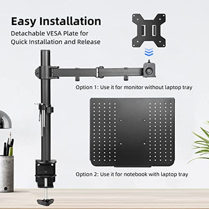 suptek Single Laptop Notebook Desk Mount with Tray for 13-27 inch Computer Screen, Fully Adjustable Laptop Desk Arm for Notebook up to 17’’, Weight up to 15.6 lbs - style: Single laptop mount