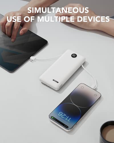 VRURC 3-in-1 Portable Charger, Built-in Cord & Foldable Wall AC Plug-White | 10000mAh Portable Power Bank, Travel Battery Pack for Smartphones, USB-C Emergency External Charger for Trip- (1 PACK)
