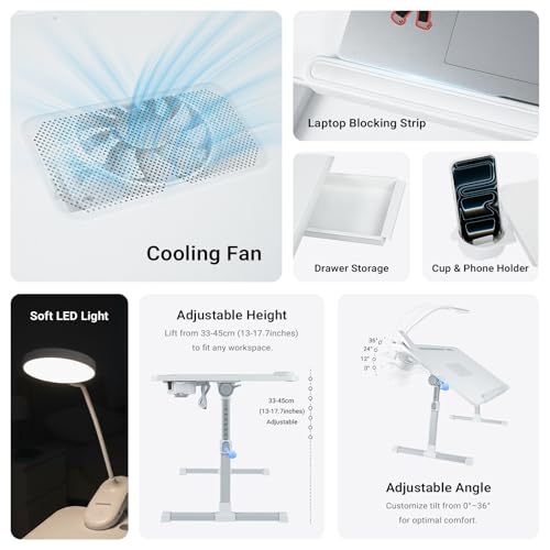 Adjustable Laptop Lap Desk with Cooling Fan USB Light for Adults - color: White,70x45cm