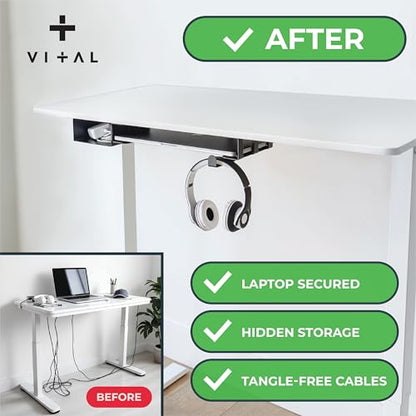 VI+AL Under Desk Laptop Mount - Hidden Metal Shelf with Side Storage, Hook & Cable Organizer - Installs with Tape & Screws - Fits Devices up to 1.7" Thick - Deluxe + LED (USB Light Strip & Remote) - style: Deluxe + LED