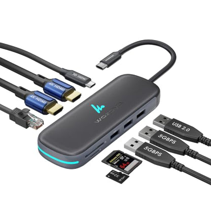 Type C 9 in 1 Wozoyo Docking Station with 2XUSB 5Gbps, 2X4K HDMI, Gigabit Ethernet, SD & TF Card Reader, PD 100W, USB 2.0, USB-C Hub, Compatible with Thunderbolt 4, macOS, Windows, Android & iOS - style: 9-in-1