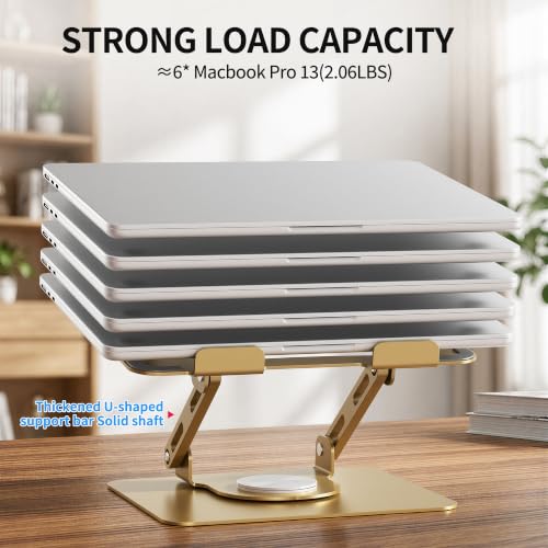 SOUNDANCE 360 Rotating Laptop Stand, Ergonomic Computer Riser for Desk, Adjustable Height Multi-Angle Metal Holder, Foldable Portable Notebook Elevating Base for Office & Home, Gold - color: Gold