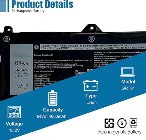 GRT01 Laptop Battery Replacement for Dell Latitude 5421 5431 5521 5531 Precision 3561 3470 3571 3581 3591 Mobile Workstation Alienware m17 R5 AMD Series 9JRV0 00P3TJ 0R05P0 05RGW 15.2V 64Wh 4000mAh - size: 9.25*3.54*0.28 inch GRT01