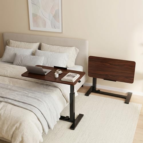 DUMOS Adjustable Rolling Desk, Mobile Overbed Bedside with Hidden Wheels, Portable Laptop Standing Desks Computer Workstation for Bed Sofa Couch, Brown