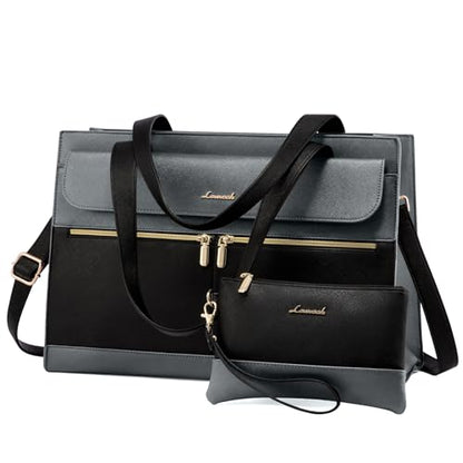 LOVEVOOK Laptop Tote for Women - 15.6 Inch Professional Leather Computer Briefcase - Waterproof Shoulder Bag - Large Capacity Business Teacher Office Bag - Crossbody Purse - color: 1# Black/Iron Gray, size: 15.6 Inch