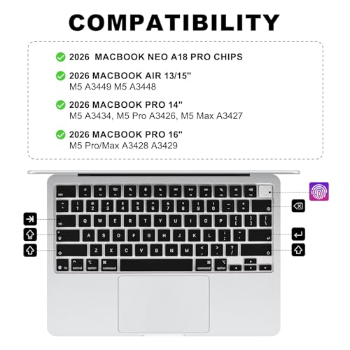 Allinside Keyboard Cover for 2026 MacBook Neo 13-inch A3404 (A18 Pro) & MacBook Air 13"/15" and MacBook Pro 14"/16" (M5 Chip), Premium Silicone Keyboard Protector Skin, US ANSI Layout, Black - color: Black