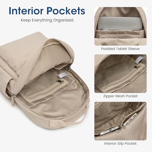 G4Free Small Backpack for Women, lightweight Daypacks for Travel School | Water-resistant Nylon Backpack, fits 13.3" laptop, Multi-pockets, Trolley strap, Comfy padded straps - color: Khaki