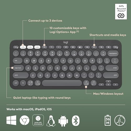 Logitech Pebble Keys 2 K380s Keyboard, Bluetooth, Wireless - Graphite - color: Graphite