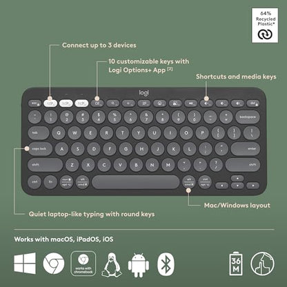 Logitech Pebble Keys 2 K380s Keyboard, Bluetooth, Wireless - Graphite - color: Graphite