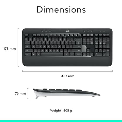 Logitech MK540 Full Size Advanced Wireless Keyboard and Mouse Combo | Full size quiet keyboard with number pad & integrated palm rest, full size ambidextrous mouse, includes USB-A Nano Receiver