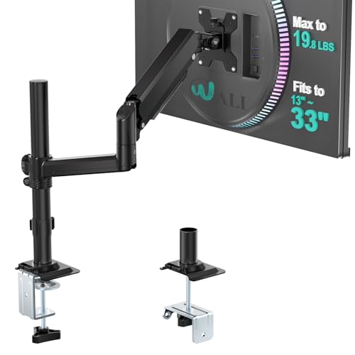 WALI Single Monitor Arm Mount for 13-33 inch Screens, 19.8 lbs per Arm | Single Monitor Desk Mount, Full Motion with Tilt, Swivel, Rotation, C-Clamp & Grommet Base, VESA 75/100mm (GSDM001), Black - color: Black (Single), size: 13" to 33"