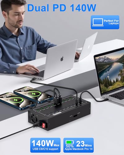 770W USB Charging Station, 20 Port Fast Charging Station for Multiple Devices, PD-140W USB C Charger Block, Smart Power Delivery & Multi Protection for Laptop MacBook iPhone, iPad, Tablet, and More