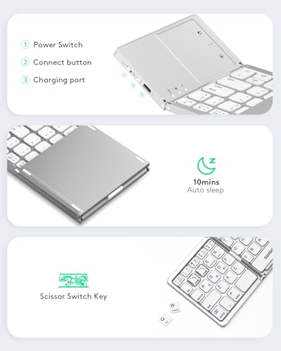 Samsers Foldable Bluetooth Keyboard with Touchpad, Slim Compact, Silver | Multi-touch Trackpad, Full Size, Phone Holder, USB-C Charging, 3 Device, for Android Windows iOS Mac OS, Mobile Productivity - color: Frost Silver, size: 3-Device