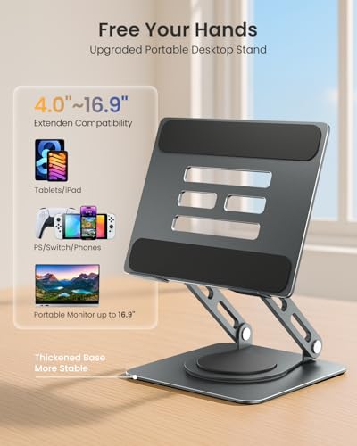 LOXP Adjustable Tablet Stand, 360 Rotating iPad Stand with Heavy-Duty Base | Perfect for Travel, Desk, Office, 4.7-16.9" Device, iPad Pro Air Mini, Kindle, Surface Tablet, Portable Monitors - Gray - color: Gray