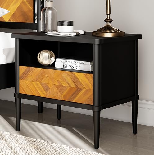 Howizz Lenia Solid Wood Nightstand with Drawer & Open Storage, Mid Century Modern Side Table, Bedroom Living Room Night Stand, Sturdy & Stylish Storage End Table, Teak Brown - color: Teak Brown, size: Nightstand