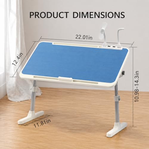 Adjustable Lap Desk with USB Fan & LED Light, Height & Angle Adjustable Laptop Bed Tray Table, Foldable Laptop Stand for Bed, Couch, Sofa & Floor, Blue - color: Blue
