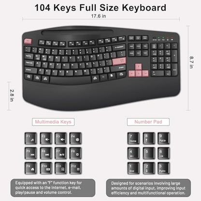 Wireless Keyboard and Mouse Combo, 2.4G Full Size Wave Keys Ergonomic Keyboard with Wrist Rest, Phone Holder, 3-Level DPI Wireless Silent Mouse with 6-Buttons, for Windows (Pink) - color: Pink