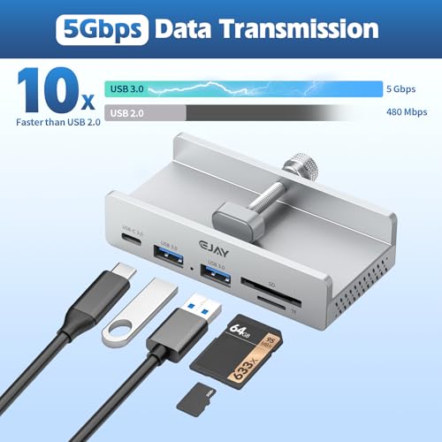 EJAY Clamp USB Hub 5-in-1 USB C Hub 59" Cable for iMac & PC | | Aluminum | Mountable Splitter | Desktop Edge Fixed Hub | Home Office Setup - color: Silver