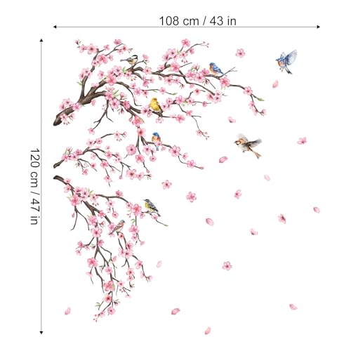 Vinyl Pink Cherry Blossom Trees Wall Decals Birds Peel and Stick Wall Stickers for Bedroom Living Room Bathroom - color: Pink Sakura