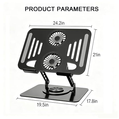 Laptop Stand with Cooling Fan, 360° Rotating Base Aluminum Laptop Riser, Foldable Ergonomic Computer Stand for Desk, Height Adjustable Notebook & All Laptops Up to 17.3" (Black) - color: Black