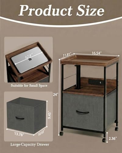 Faesun Swivel Lift Top Nightstand with Charging Station, Rolling Night Stand with Fabric Drawer, Adjustable Bedside Table for Bedroom, Living Room, Walnut Gray, Pro - color: 02 - Walnut Gray, size: 1 Drawer (Tray Top)