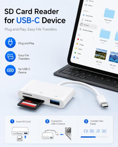 USB C SD Card Reader 3-in-1 High-Speed USB 3.0 Adapter | for Micro SD/TF Memory Cards, Work with MacBook Pro/Air, Pad, Android Phone, Tablet & Windows Laptop