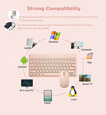 Compact Keyboard MouseCombo,JieruiDeng 79-Key Retro Mini Cute Computer Keyboard 2.4G USB Wireless and Silent Mice Set for Laptop Desktop PC iPad (Pink) - color: Pink