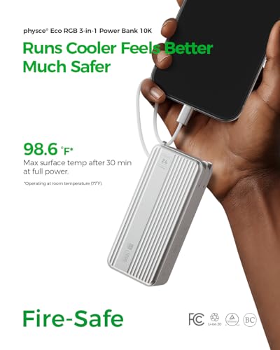 Eco RGB 3-in-1 Power Bank 10K, 9,600mAh 30W Portable Charger, Built-in USB-C Cable and Foldable Plug, Fast Charging Battery Pack, Travel Essential for iPhone 16/15, MacBook (Starlight Silver)