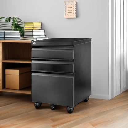 FLEXISPOT 3-Drawer Metal Mobile Filing Cabinet for Home Office - Under Desk Storage with Lock Keys - Legal/Letter/A4 File Organizer - Fully Assembled Except Wheels - Black - color: Black, style: Right Angle