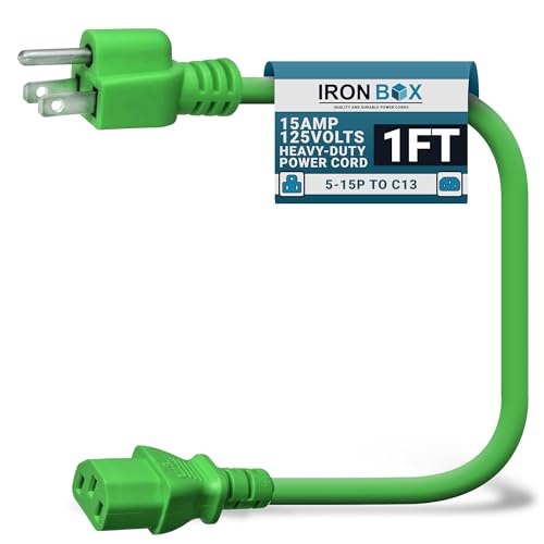 IronBox Electric - Heavy-Duty 5-15P to C13 Power Cord - 3 Prong 15A 125V 14/3 SJT PC Cable - Cord for Computer, Monitor, Subwoofer, Amplifier - Cable for Power Supply - (Green 1 Foot) - color: Green, size: 1 ft