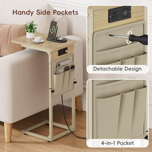 Vagusicc C Shaped End Table with Charging Station, Adjustable Height C Table End Table, Small Side Table for Couch, Couch Table Slide Under Sofa Table TV Tray Arm Table for Living Room,Bedroom,Natural - color: Natural Walnut, style: With Plug