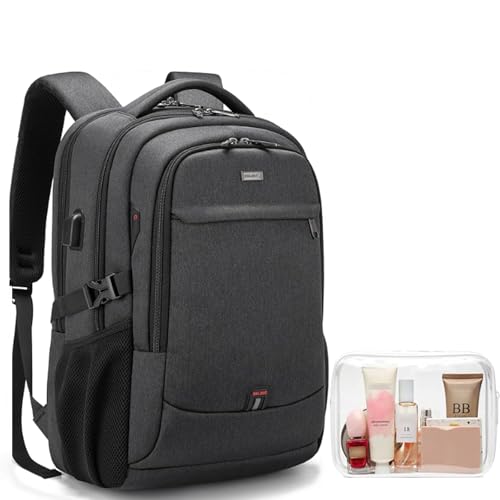 17 Inch Laptop Backpack for Travel Water Resistant College Backpack for Men/Women Laptop Bag with USB Charging Port and clear Cosmetic Toiletry Bag, Black - color: Backpack With Clear Cosmetic Toiletry Bag