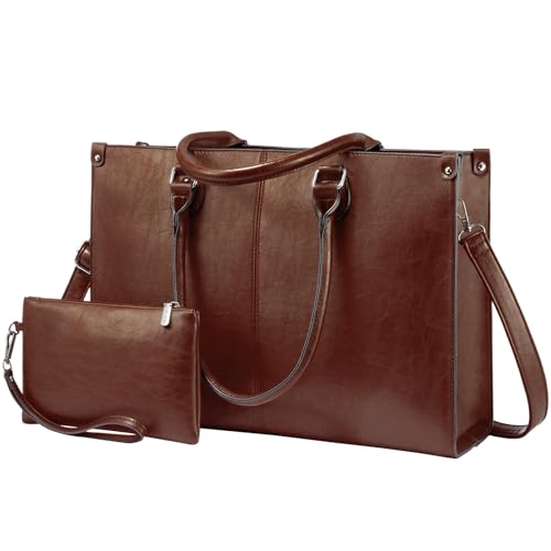 LOVEVOOK Laptop Tote Bag for Women, 15.6 Inch Professional Work Bag with Matching Clutch, Waterproof Vintage Leather Computer Tote for Office, Business Travel & Daily Use, Gift for Women - color: Chestnut Brown, size: 15.6 inch