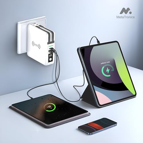 5-in-1 Travel Power Bank with Wall Plug — 10000mAh MagSafe Wireless Portable Charger with Built-in USB-C & Lightning Cables + Universal International Travel Adapter (US/Asia/Europe/Asia) | 5-in-1 Charger with USB-C, Global Travel Adapter, Built-In Chargin