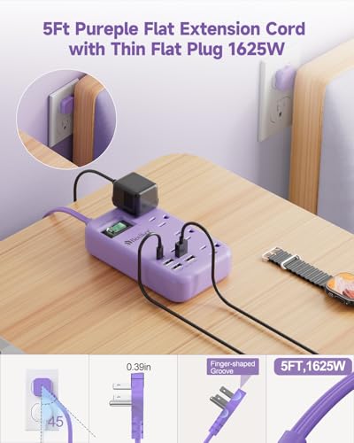 6 USB (2 USB C) Purple Travel Power Strip,5 Feet Lavender Extension Cord | 6 USB,2 USB C,24W USB Charging Station,4 Outlets,Surge Protector,Purple Desk Accessories,Cute Kawaii Office Dorm Room,5 foot - size: Purple-24W USB-5ft-980J