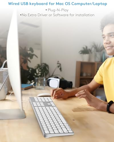9H Aluminum USB Wired Keyboard with Numeric Keypad for Mac & PC | Compatible with Mac Pro, Mini, iMac, MacBook Pro/Air, Laptops and PC Computers - color: Silver