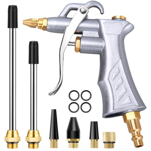 Industrial Air Blow Gun with Brass Adjustable Air Flow Nozzle Kit | Extra 2 Steel & Copper Air Extension, Brass 1/4" Standard Quick Connector, Air Compressor Accessory Tool for Dust Cleaning