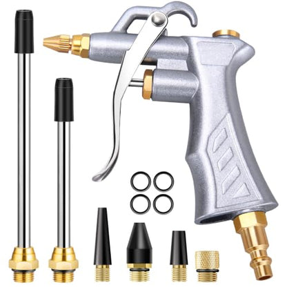 Industrial Air Blow Gun with Brass Adjustable Air Flow Nozzle Kit | Extra 2 Steel & Copper Air Extension, Brass 1/4" Standard Quick Connector, Air Compressor Accessory Tool for Dust Cleaning