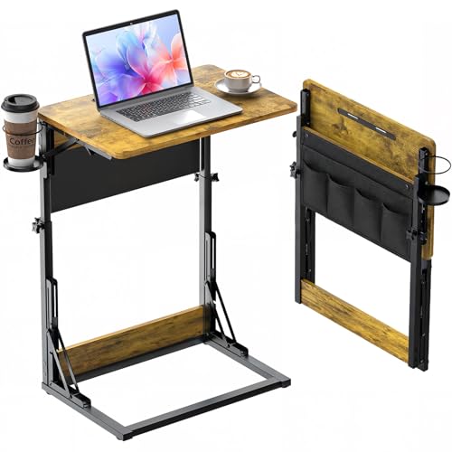 HUANUO Adjustable TV Tray Table – Easy Assembly Folding Desk with Cup Holder, Storage Bag & Tablet Slot, Height Adjustable TV Tray for Bed, Couch & Living Room with Space-Saving Design