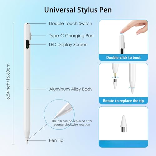 Active Stylus Pen for Touchscreen Devices – Universal Capacitive Pen with LED Battery Display, No Bluetooth Needed, Compatible with iPad/iPhone/Android (Not for Galaxy S/Kindle/Surface) – White - size: 2268A