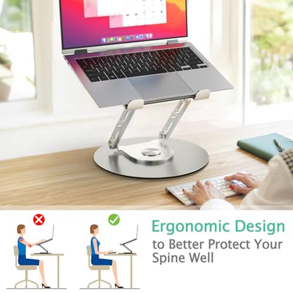Laptop Stand for Desk Adjustable Computer Stand with 360 Rotating Base Ergonomic Laptop Riser Mount for Desk Foldable Protable Computer Desk Fits with MacBook Pro Air, Round - color: Round, Silver