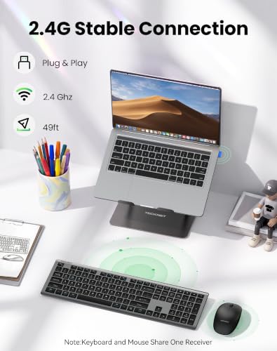 TECKNET 2.4G Rechargeable Ultra-Slim Wireless Keyboard and Mouse Combo | 2.4G Stable Connection, Full-Size Scissor Switch Keyboard with 12 Multimedia Keys, Silent Mouse, Ergonomic Design, Grey - color: Gray