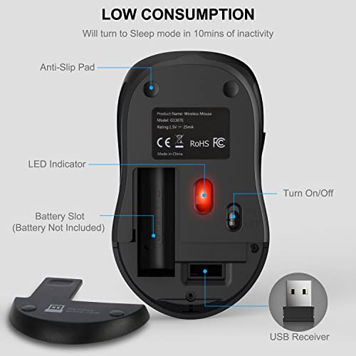 WisFox 2.4G Wireless Mouse for Laptop, Ergonomic Computer Mouse with USB Receiver and 3 Adjustable Levels, 6 Button Wireless Mice for Windows Mac PC Notebook (Grey) - color: Grey