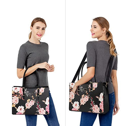 MOSISO Laptop Tote Bag for Women, 17-17.3 inch Laptop Bag | Compatible with MacBook HP Dell Acer Asus, Peony Waterproof PU Leather Work Tote Briefcase with Adjustable PU Handle, Black - size: 17.3 inch