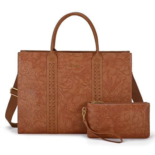 LOVEVOOK Laptop Tote Bag for Women, Vintage Leather Work Bags, 15.6 Inch Laptop Bag With Cup Holder, Waterproof Computer Purse, Professional Briefcase Office Shoulder Handbag, Yellow Brown Embroidery - color: Yellow-brown Embroidery, size: 15.6 Inch