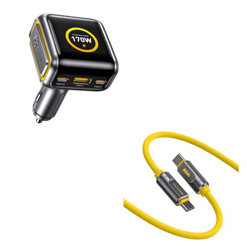 AOHI SUPERAUTO 170W Car Charger with Smart LED Display, 140W PD 3.1 USB C Fast Charging Car Adapter with 80Gb/s USB4 2.0 Cable 3.3FT with up to 120Gbps Bandwidth Boost Dual 8K/4K Display 240W PD 3.1 F