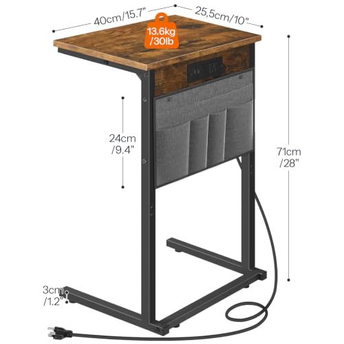 HOOBRO C Shaped End Table with Charging Station, 28" H Couch Side Table Slide Under, Sofa Arm Tray Table with Storage Bag for Living Room, Recliner, Rustic Brown BF70USF01 - color: Rustic Brown