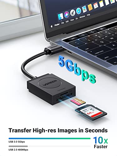UGREEN SD Card Reader USB 3.0 | Dual Slot Flash Memory Card Reader TF SD Micro SD for Mac Windows Linux Chrome Read 2 Cards Simultaneously