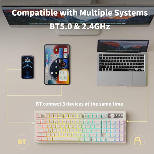 SEUNKWANG EWEADN V97 Cute Creamy Keyboard, Bluetooth/2.4GHz Gaming Keyboard Wireless with RGB Backlit, Media Knob, Curved Body, Rechargeable Quiet Computer Keyboards for MAC Xbox PC Gamer-White